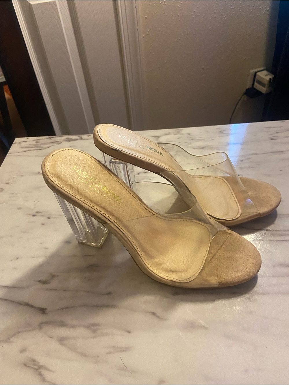 Fashion Nova Clear Strap Tan Nude Block Heel Mules